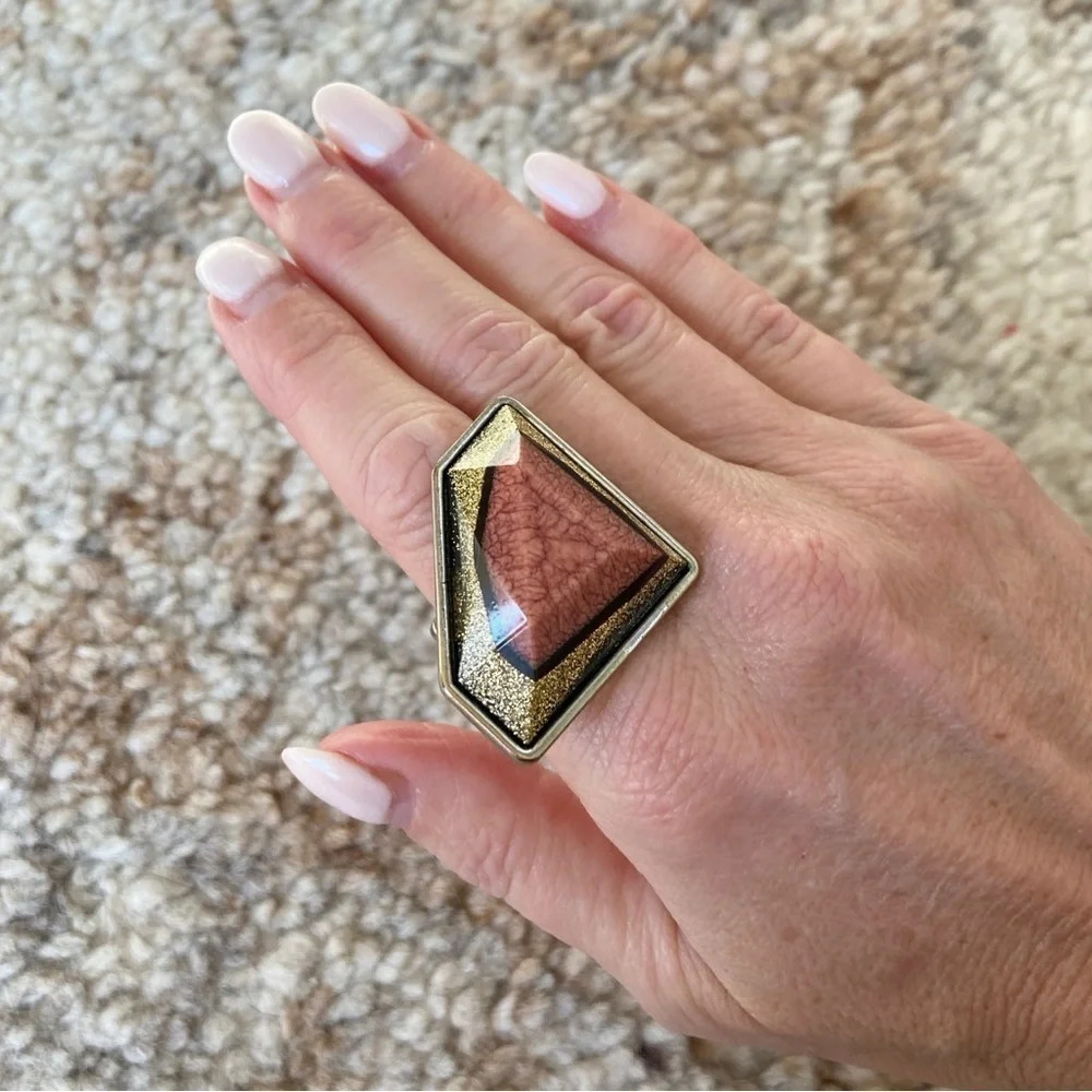Large Coral + Gold shimmer stone ring